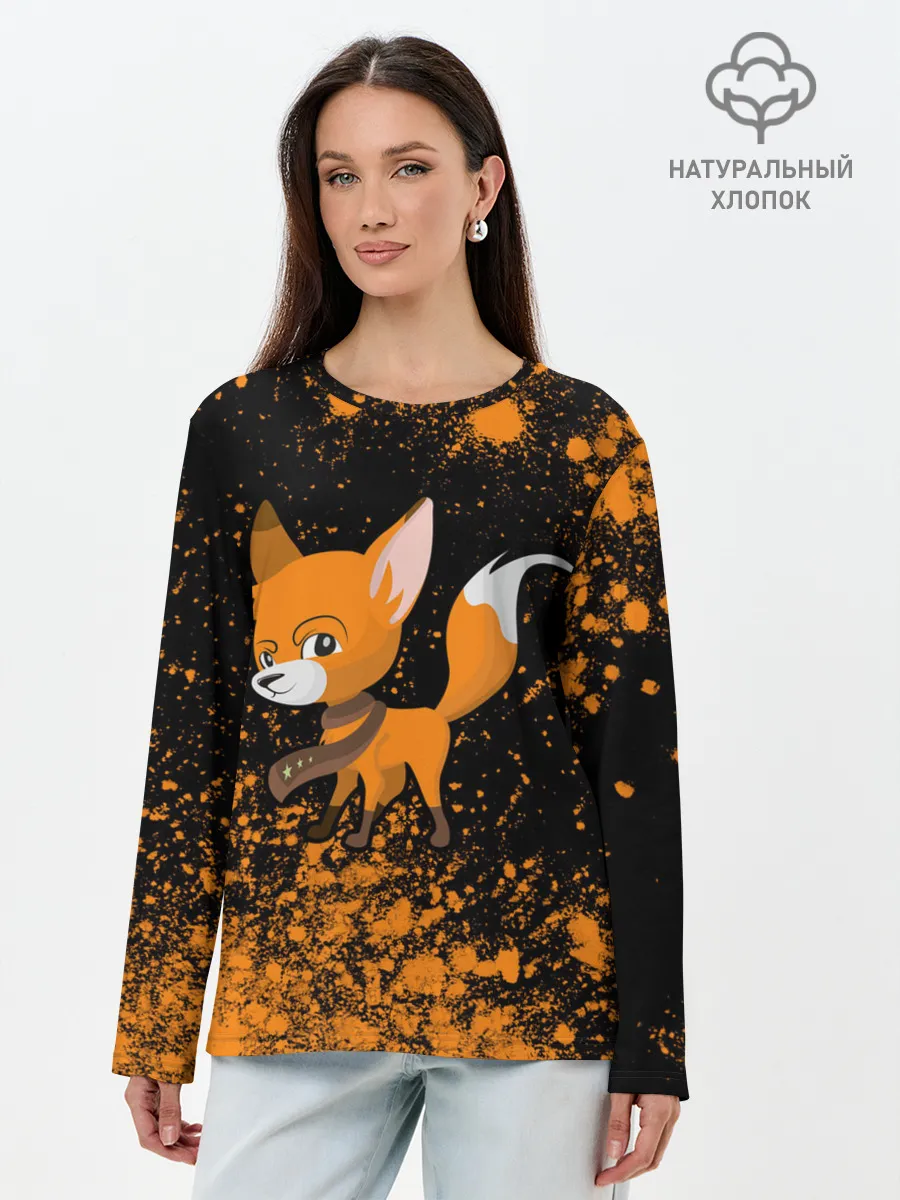 Лонгслив женский. Хлопок / Лиса - В Шарфике - Взрыв