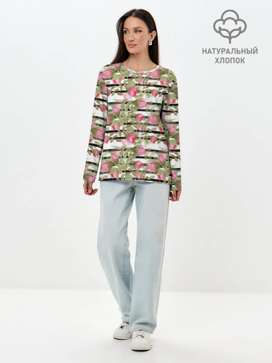 Лонгслив женский. Хлопок / Акварельные розы на полосатом
