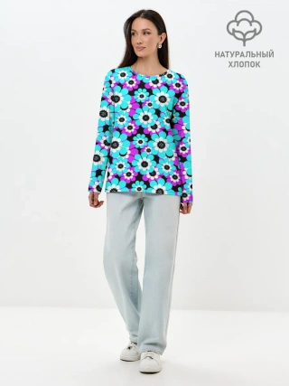 Лонгслив женский. Хлопок / Яркие бирюзовые цветы