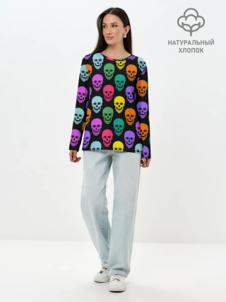 Лонгслив женский. Хлопок / Разноцветные черепа . Готика