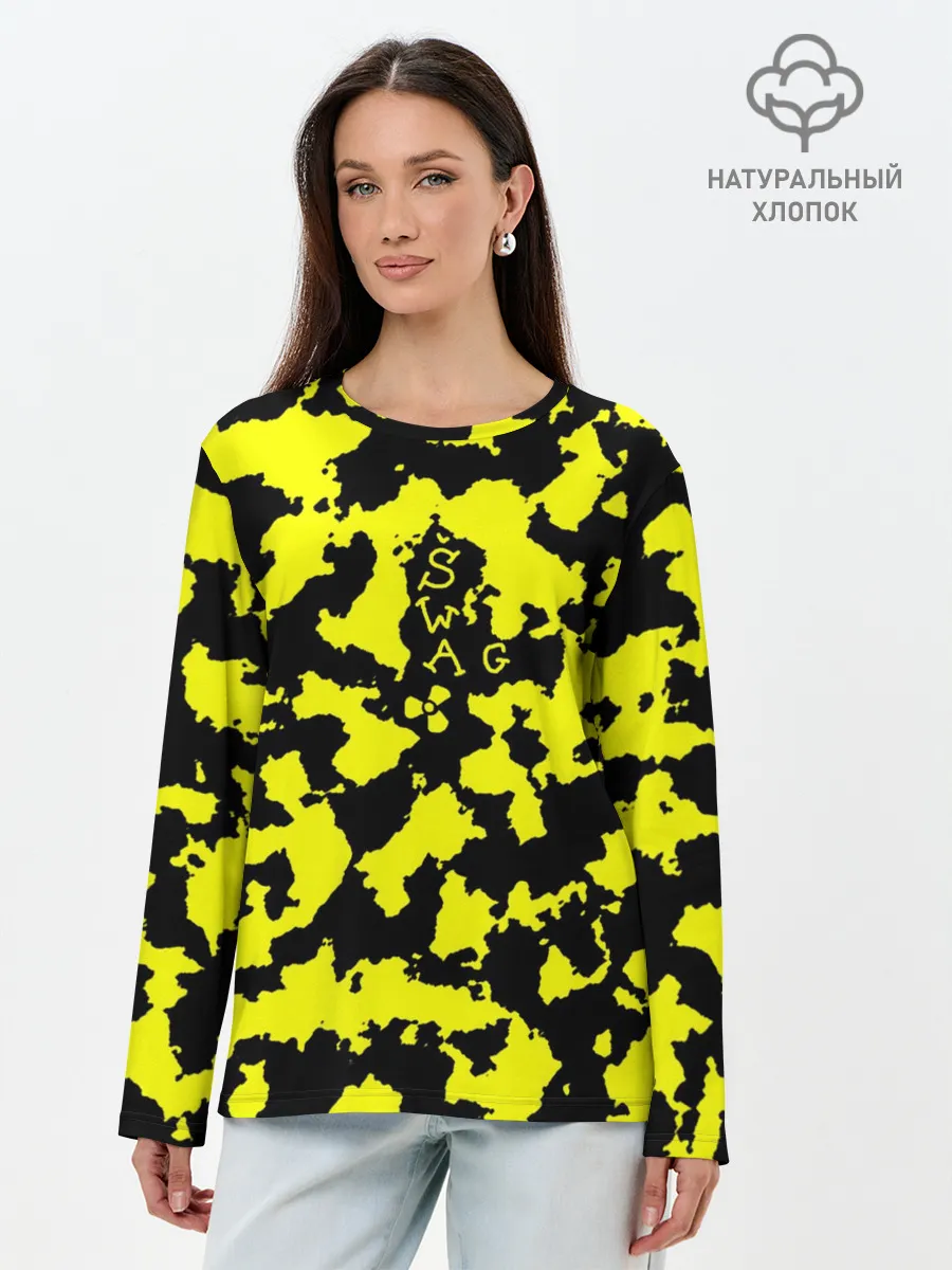 Лонгслив женский. Хлопок / Черно-желтый камуфляж