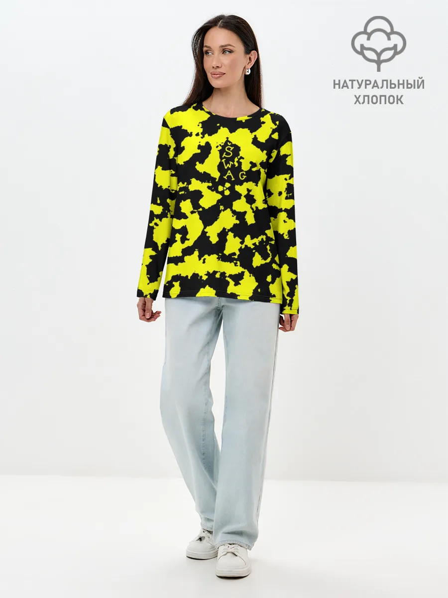 Лонгслив женский. Хлопок / Черно-желтый камуфляж