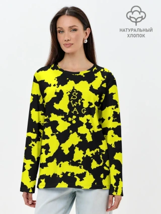 Лонгслив женский. Хлопок / Черно-желтый камуфляж
