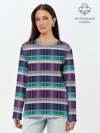 Лонгслив женский. Хлопок / Бирюзово-сиреневый полосатый