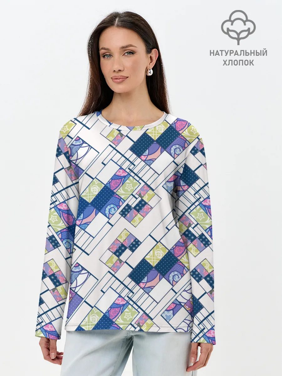 Лонгслив женский. Хлопок / Этнический узор пэчворк