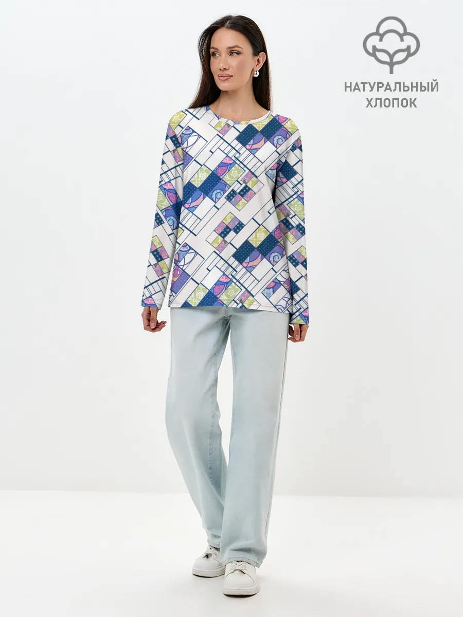 Лонгслив женский. Хлопок / Этнический узор пэчворк