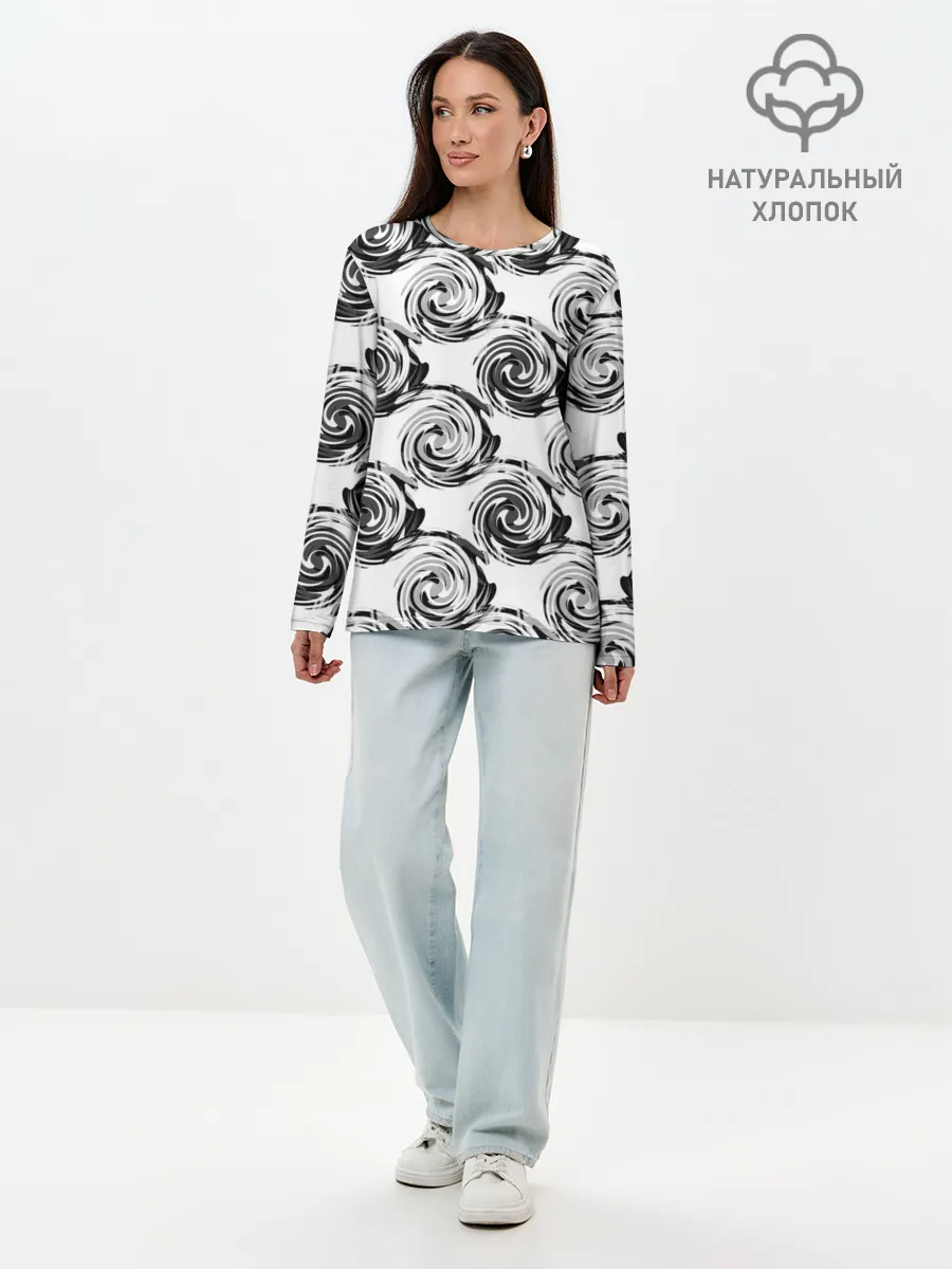 Лонгслив женский. Хлопок / Черно-белый абстрактный узор