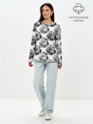 Лонгслив женский. Хлопок / Черно-белый абстрактный узор