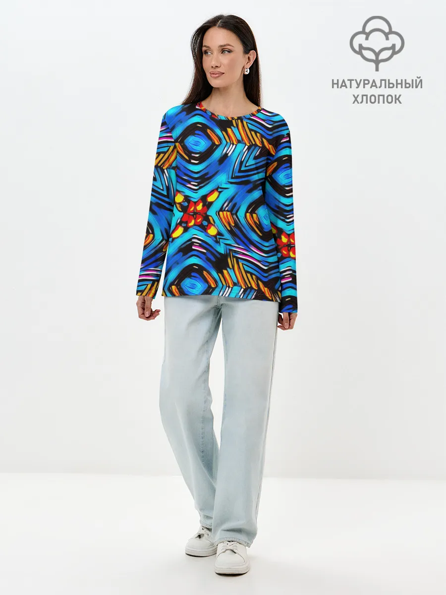 Лонгслив женский. Хлопок / Желто-синий абстрактный узор