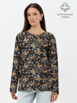 Лонгслив женский. Хлопок / Ретро узор . Бабочки