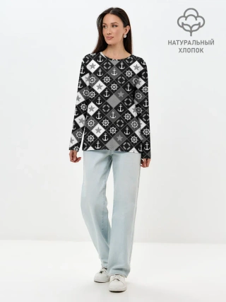 Лонгслив женский. Хлопок / Черно-белый морской плед