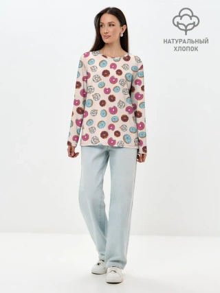Лонгслив женский. Хлопок / Пончики донаты паттерн
