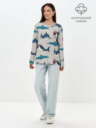 Лонгслив женский. Хлопок / Кровожадные акулы паттерн