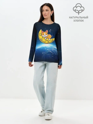 Лонгслив женский. Хлопок / Лунный корги | Space Corgi