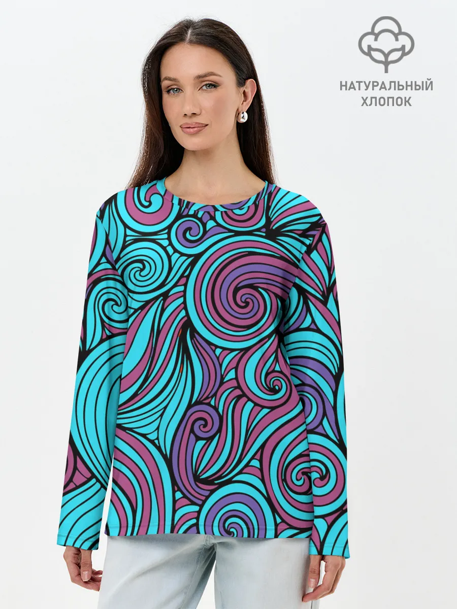 Лонгслив женский. Хлопок / Синие листья