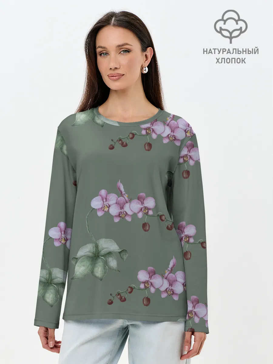 Лонгслив женский. Хлопок / Розовые орхидеи