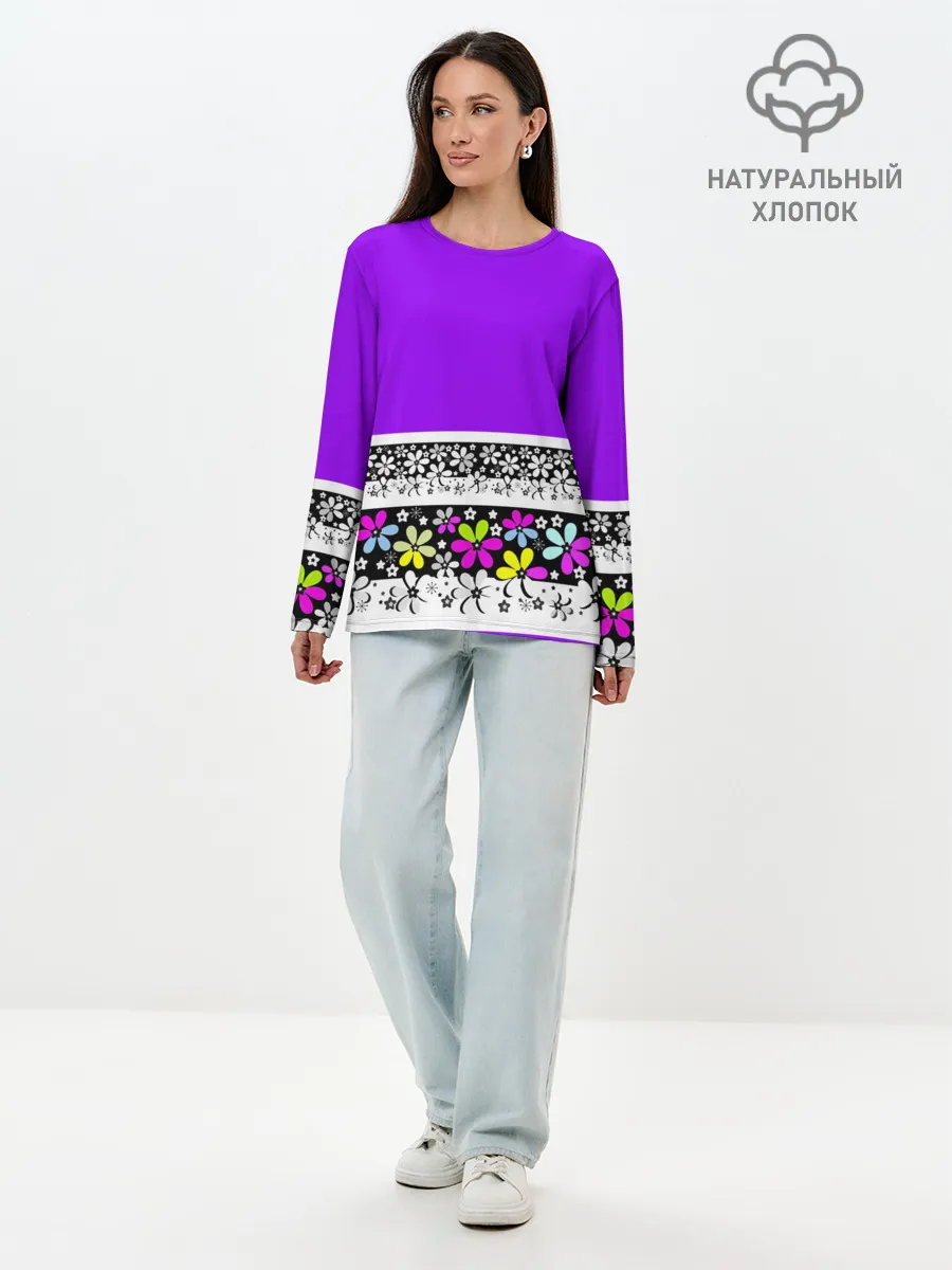 Лонгслив женский. Хлопок / Яркий фиолетовый цветочный