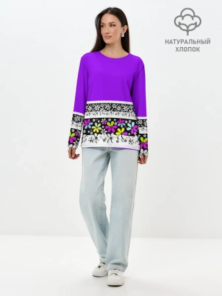 Лонгслив женский. Хлопок / Яркий фиолетовый цветочный