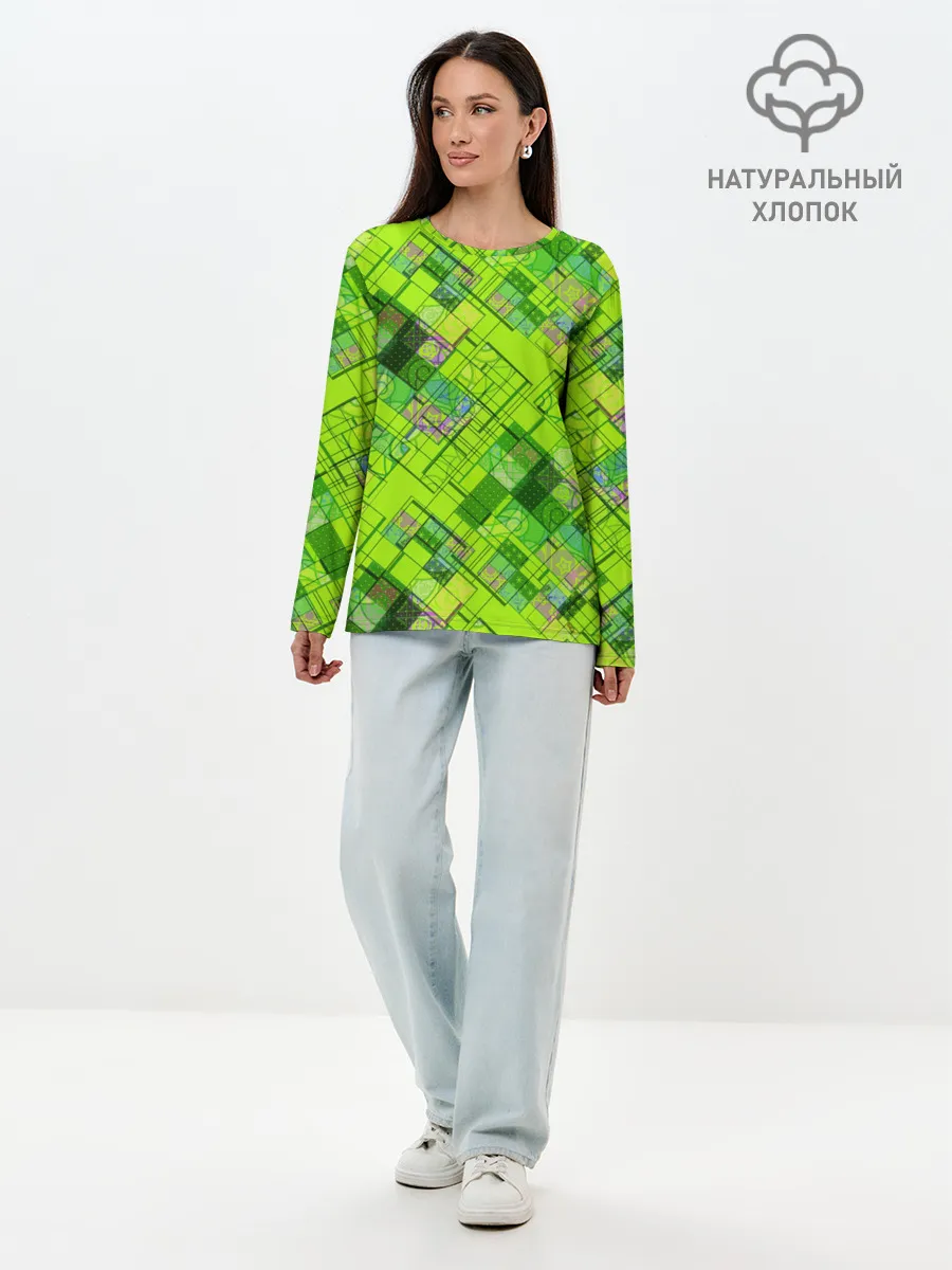 Лонгслив женский. Хлопок / Ярко-зеленый абстрактный узор