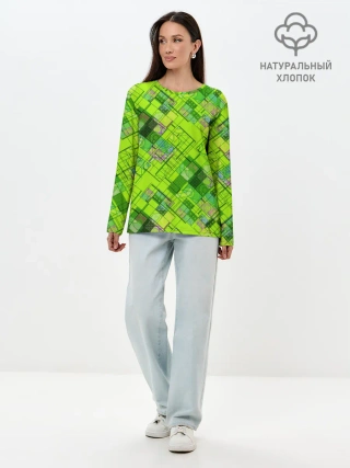 Лонгслив женский. Хлопок / Ярко-зеленый абстрактный узор