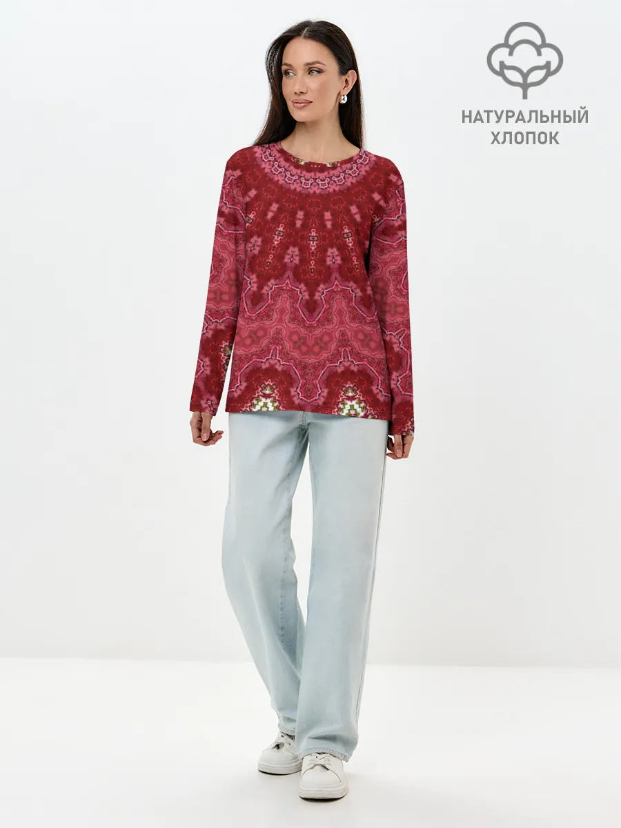 Лонгслив женский. Хлопок / Красно-розовый калейдоскоп