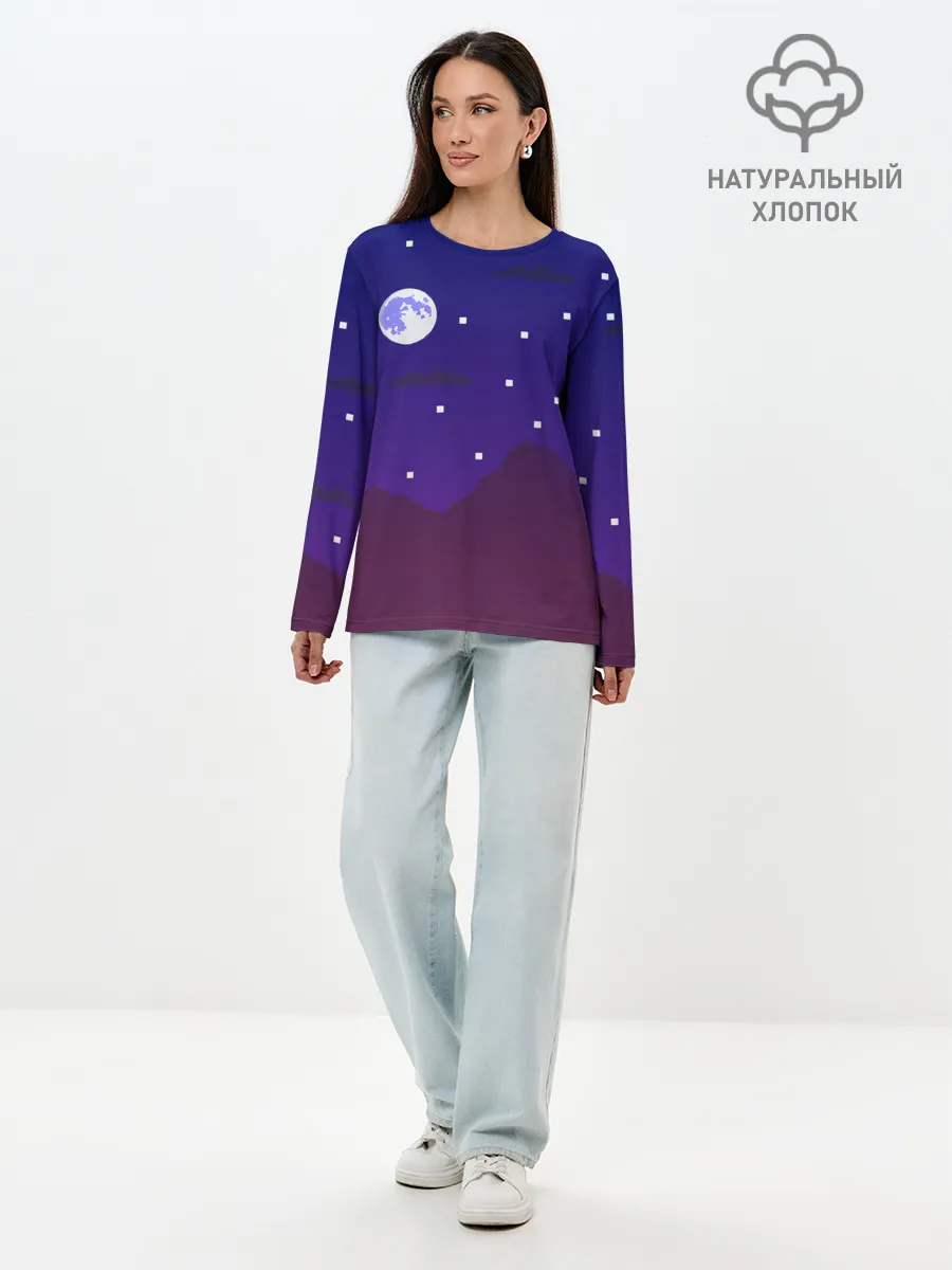 Лонгслив женский. Хлопок / Пиксельная ночь | 8 bit