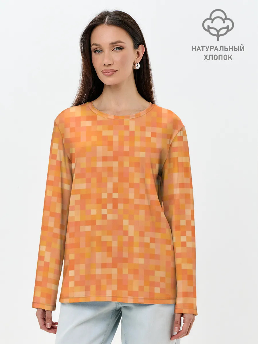 Лонгслив женский. Хлопок / Оранжевая пиксель абстракция