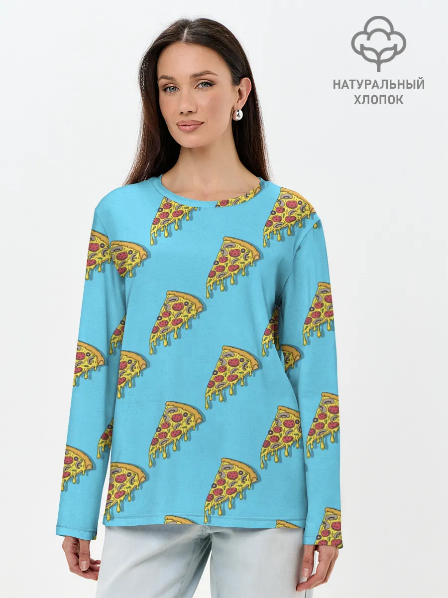 Лонгслив женский. Хлопок / Пицца паттерн на голубом