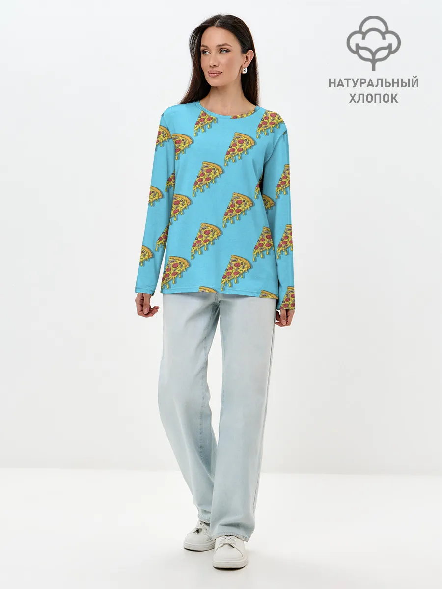 Лонгслив женский. Хлопок / Пицца паттерн на голубом