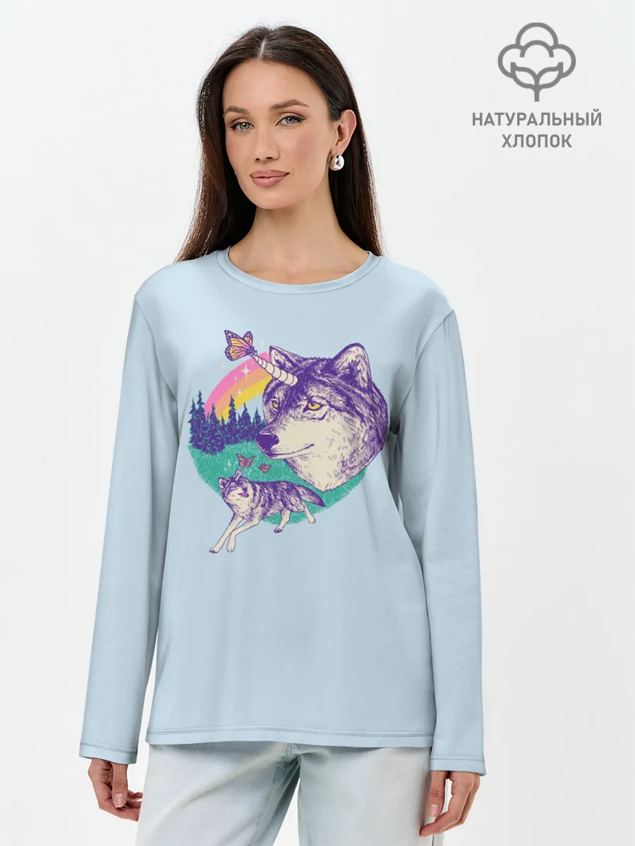 Лонгслив женский. Хлопок / Волк единорог