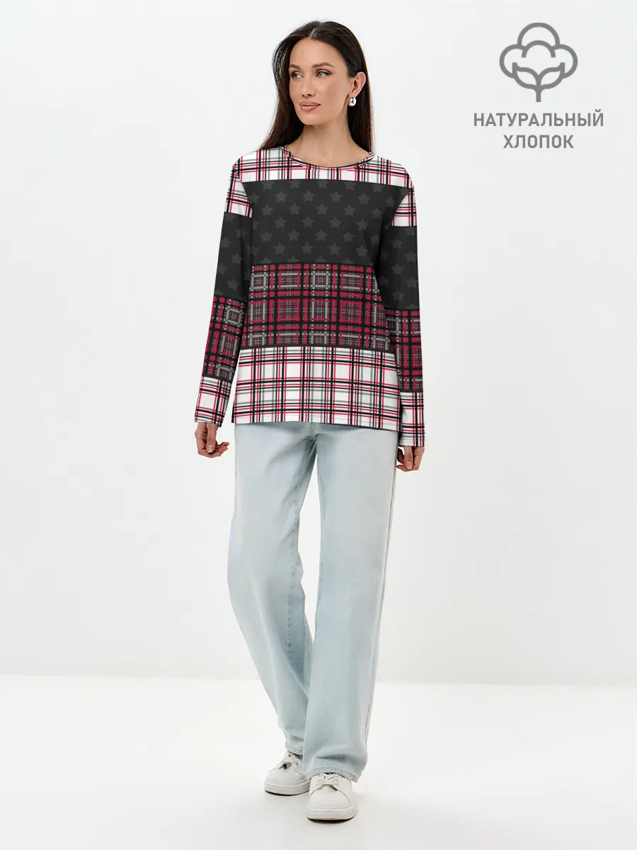 Лонгслив женский. Хлопок / Комбинированный красно-серый