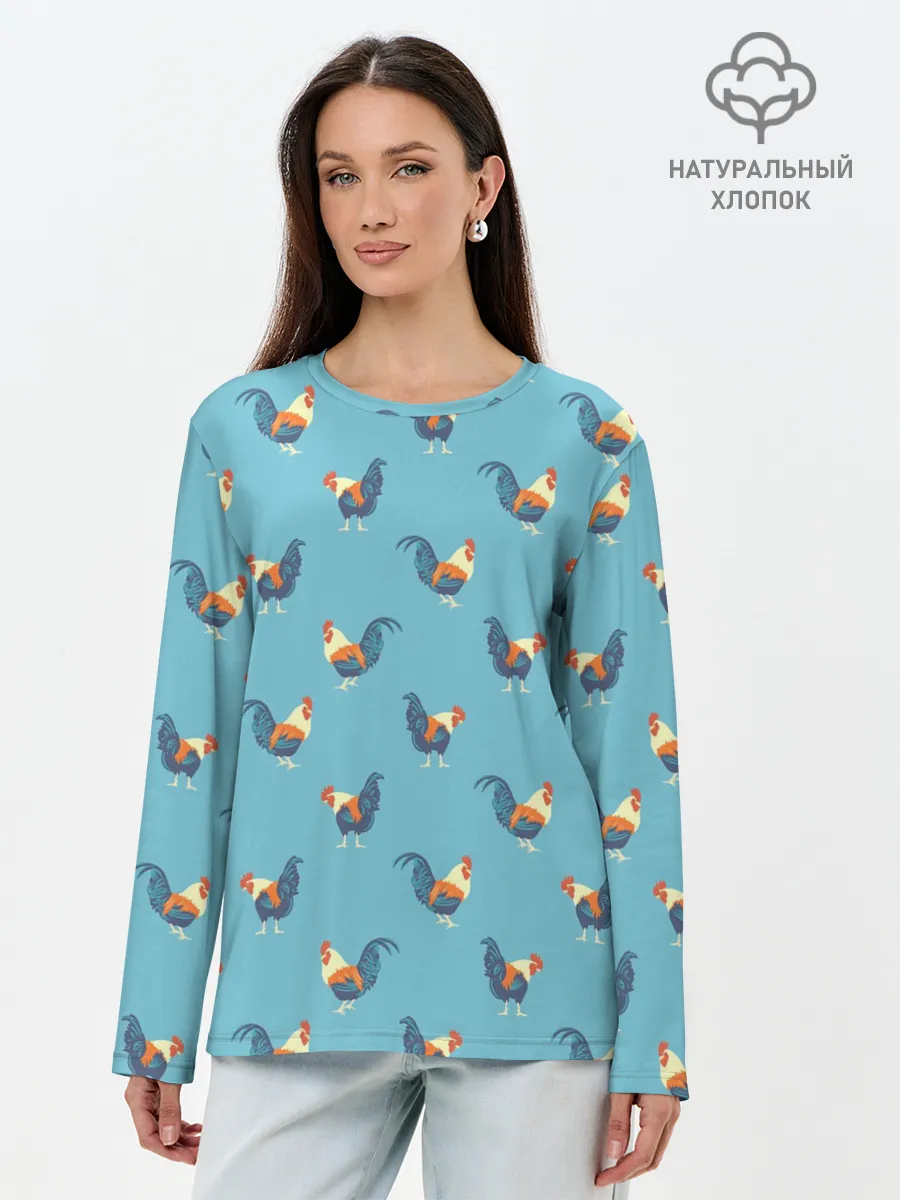 Лонгслив женский. Хлопок / Петушки паттерн