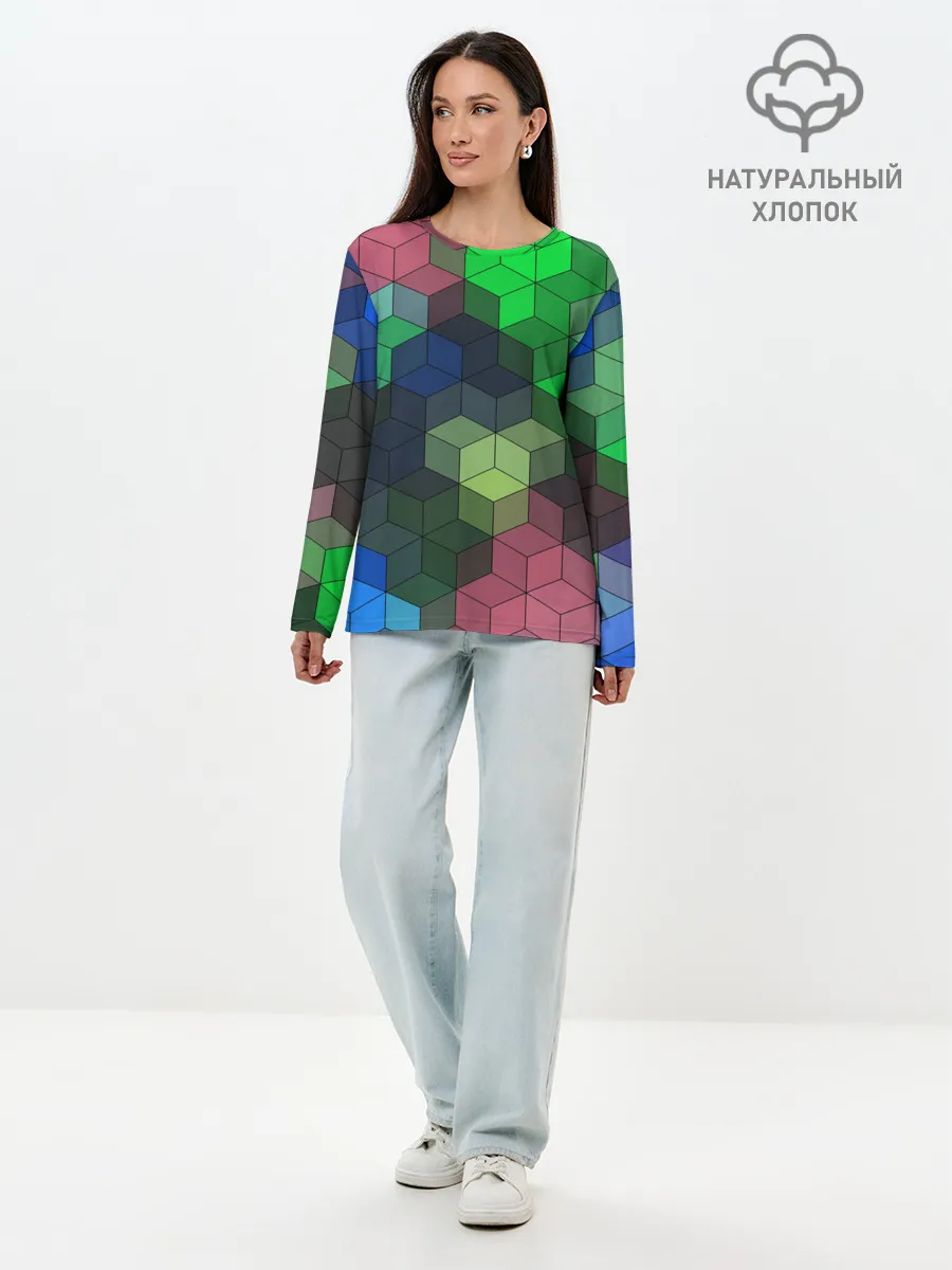 Лонгслив женский. Хлопок / Разноцветный геометрический уз