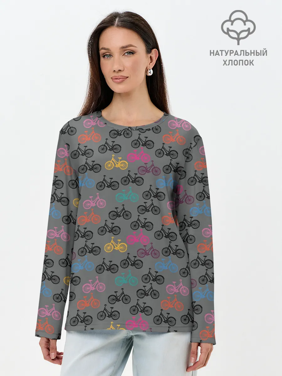 Лонгслив женский. Хлопок / Цветные велосипеды паттерн