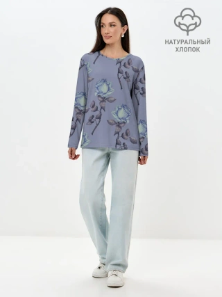 Лонгслив женский. Хлопок / Голубые розы