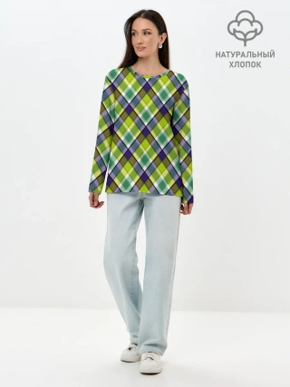 Лонгслив женский. Хлопок / Крупный клетчатый косой узор