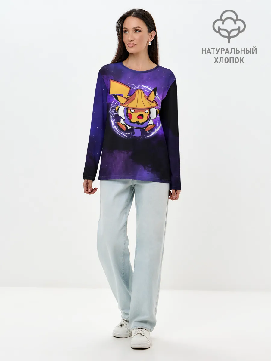 Лонгслив женский. Хлопок / Пикачу прыжок в молниях