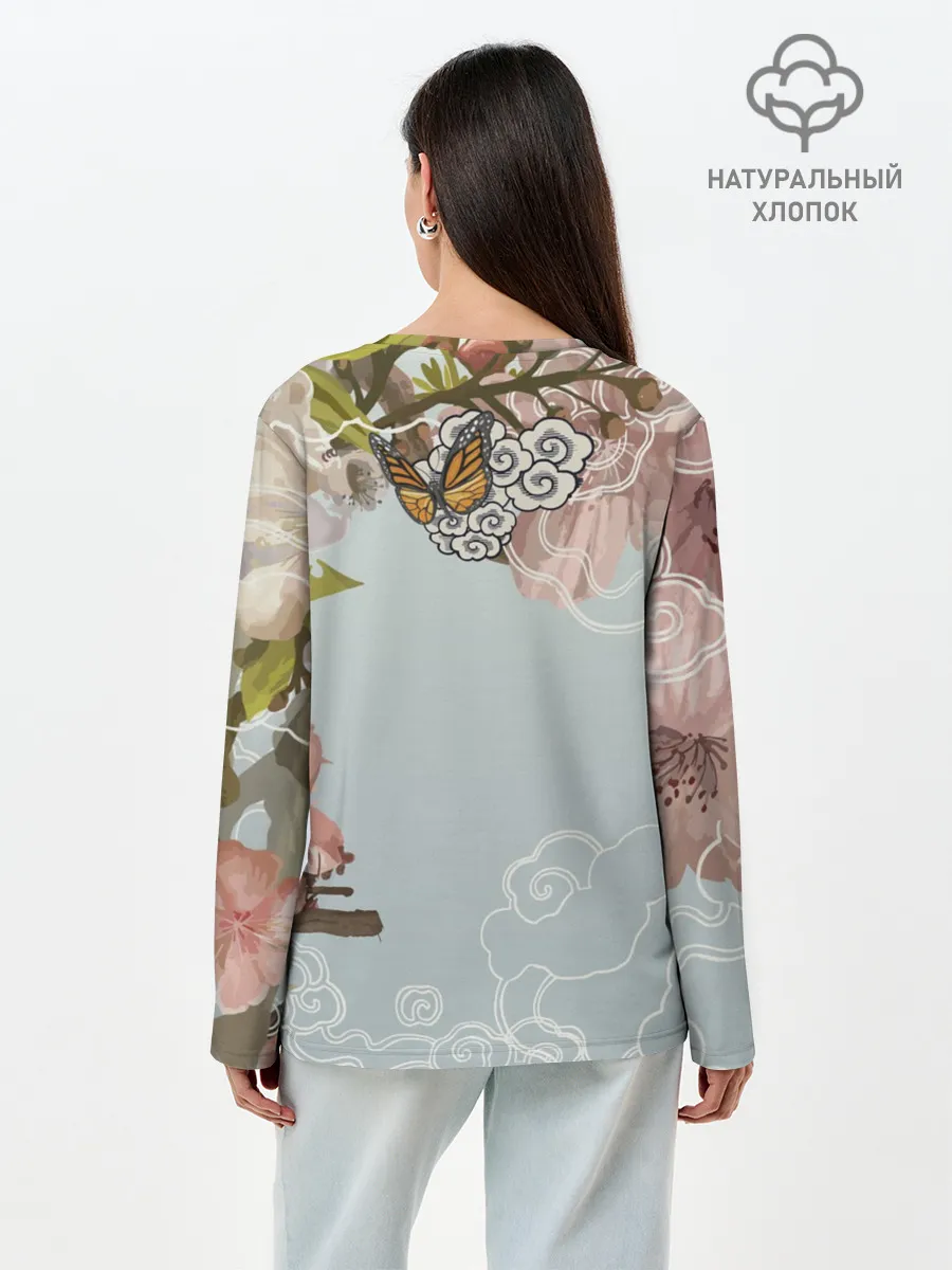 Лонгслив женский. Хлопок / Тигр в облаках