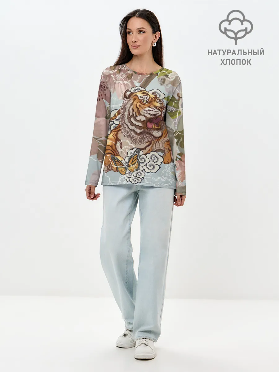 Лонгслив женский. Хлопок / Тигр в облаках