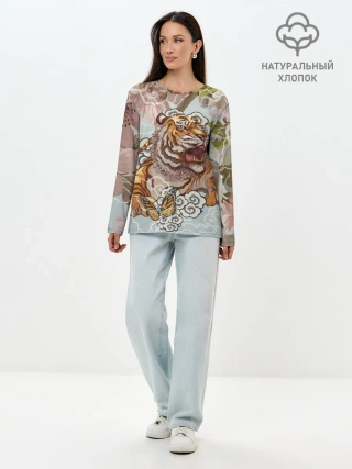 Лонгслив женский. Хлопок / Тигр в облаках