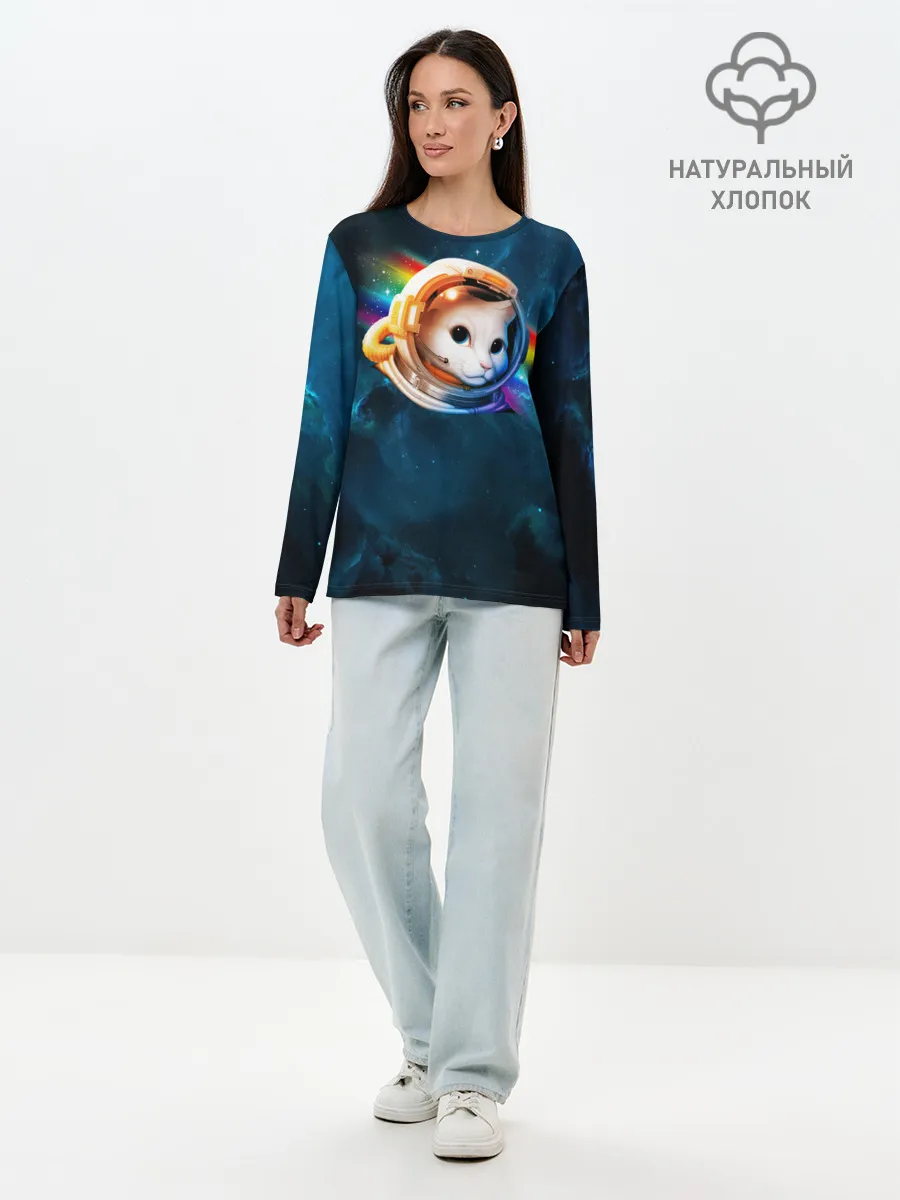 Лонгслив женский. Хлопок / Котик Космонавт