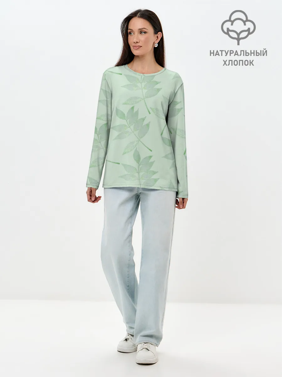 Лонгслив женский. Хлопок / Зеленые листья на светло зеленом