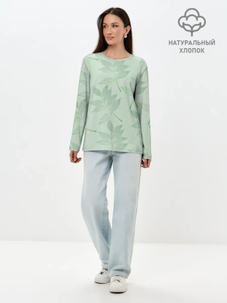 Лонгслив женский. Хлопок / Зеленые листья на светло зеленом
