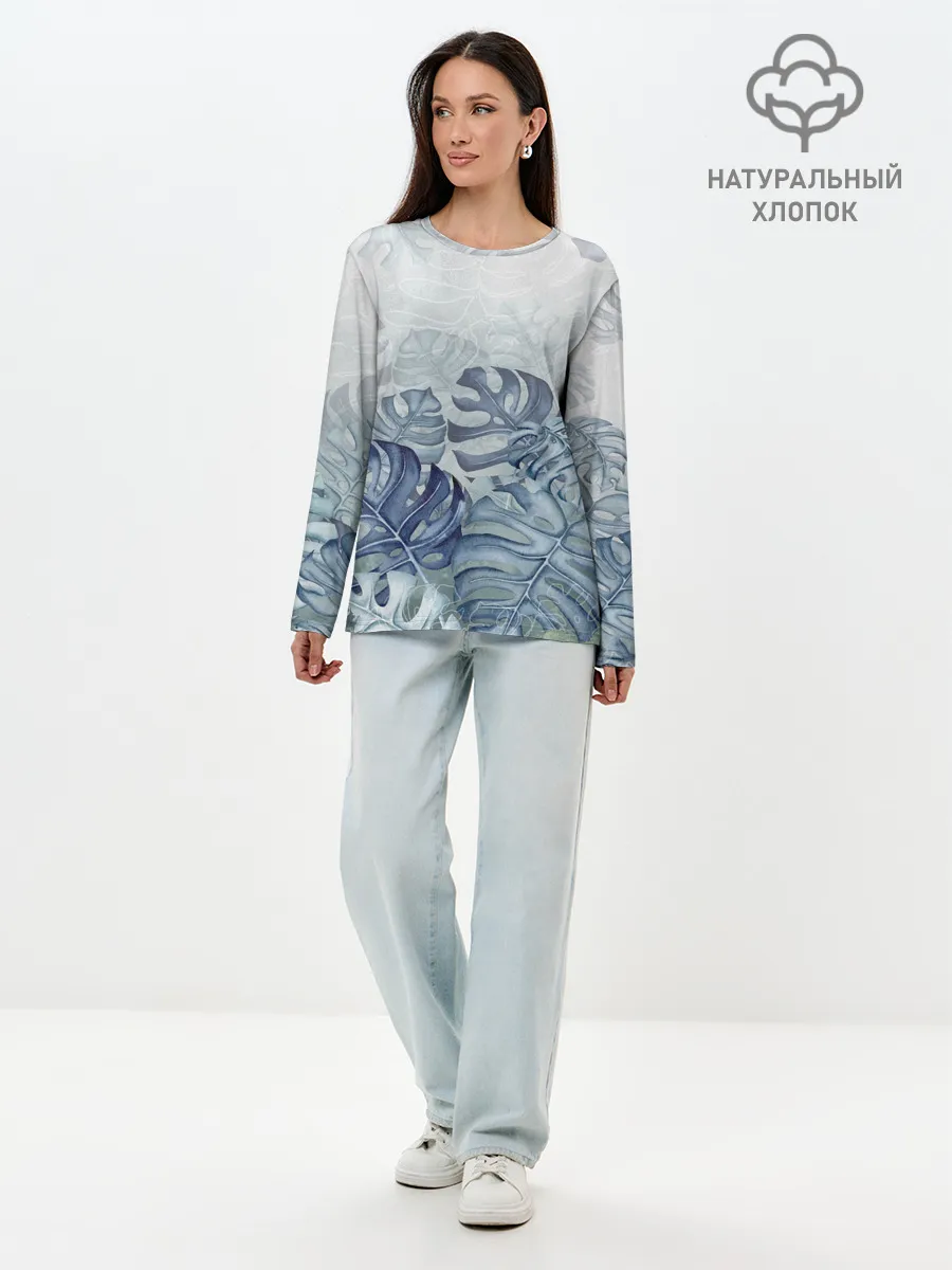 Лонгслив женский. Хлопок / Синие листья