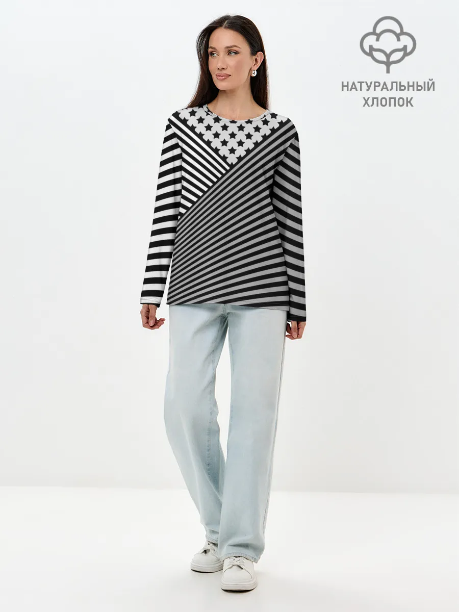 Лонгслив женский. Хлопок / Полосатый комбинированный узор