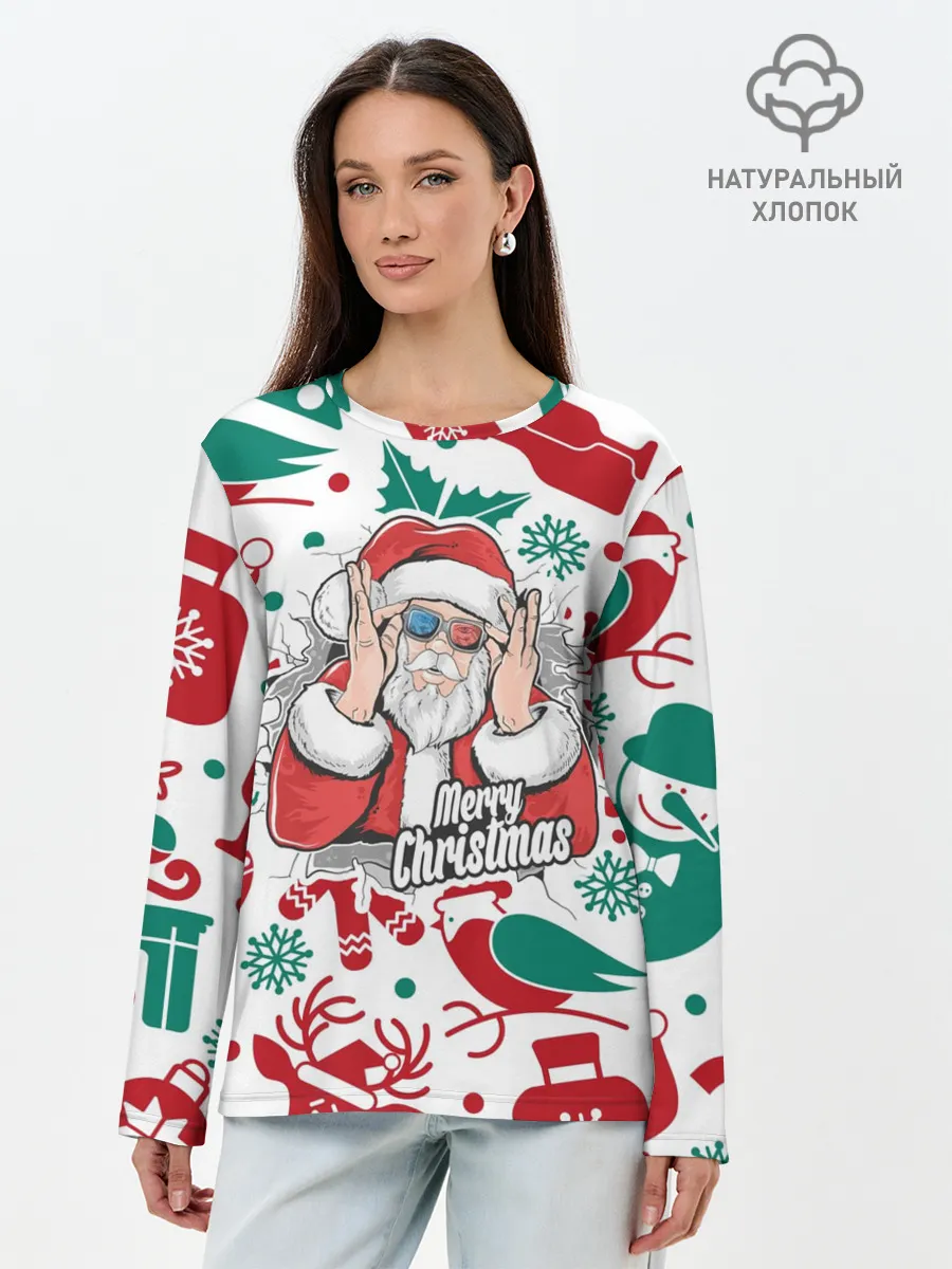 Лонгслив женский. Хлопок / Merry Christmas3D