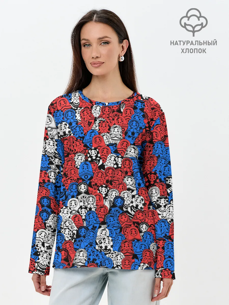 Лонгслив женский. Хлопок / Бело-сине-красные матрёшки