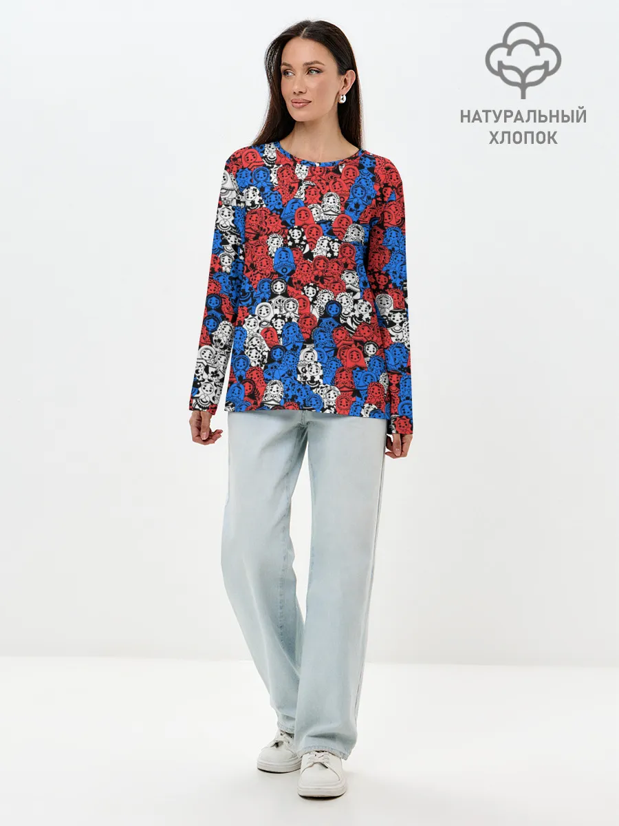 Лонгслив женский. Хлопок / Бело-сине-красные матрёшки