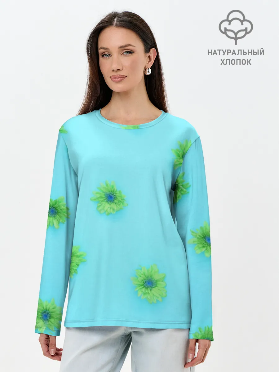 Лонгслив женский. Хлопок / Зеленые Цветочки