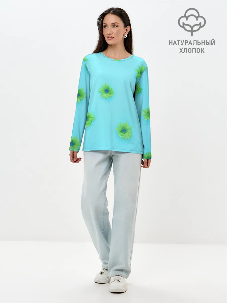 Лонгслив женский. Хлопок / Зеленые Цветочки